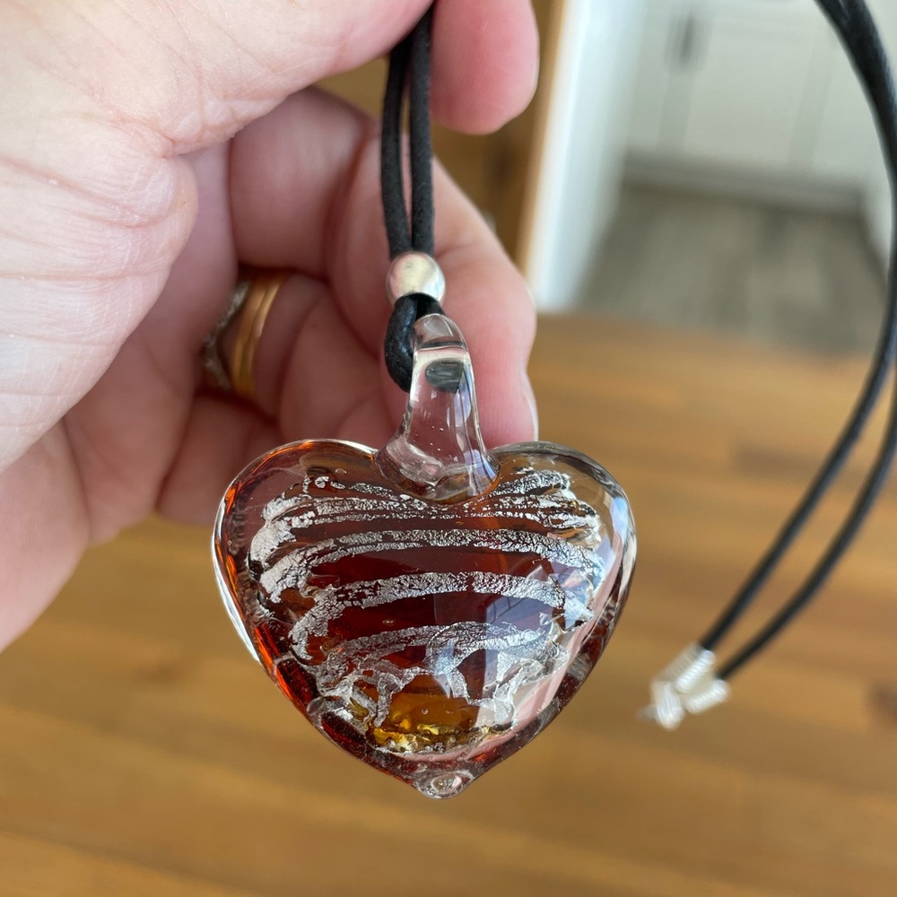 Handmade Brown Foil Lined Glass Heart Necklace on 18” Cord
